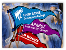 Illustration of college flags for 3 community colleges including Front Range Community College.