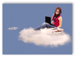 Photo of young woman with laptop and textbooks sitting on a cloud in the sky.