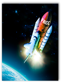 Photo of shuttle heading into space. Booster rockets are labelled FRCC.
