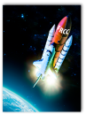 Photo of shuttle heading into space. Booster rockets are labelled FRCC.