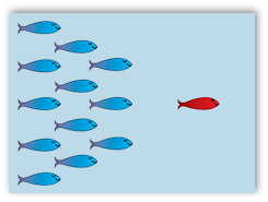illustration of school of fish following one in the lead