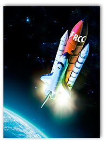 Photo of shuttle heading into space. Booster rockets are labelled FRCC.
