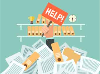 drawing of a business person holding a help sign under a pile of paperwork