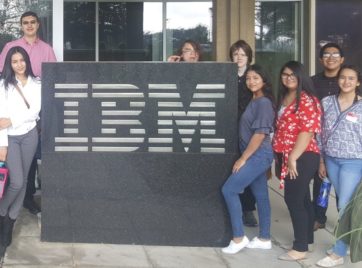 P-TECH students around the IBM sign