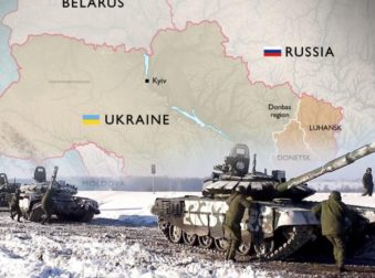 Map of Ukraine with tanks