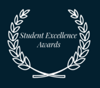 Navy blue student excellence awards graphic with laurel leaf